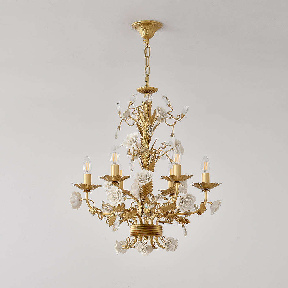 White Rose Crystal Chandelier - Luxury Ceramic Flower & Gold Leaf Hanging Light | 6 or 8-Light French Country Pendant | E12 E14