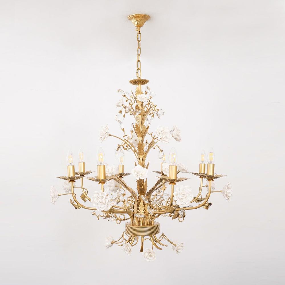 White Rose Crystal Chandelier - Luxury Ceramic Flower & Gold Leaf Hanging Light | 6 or 8-Light French Country Pendant | E12 E14