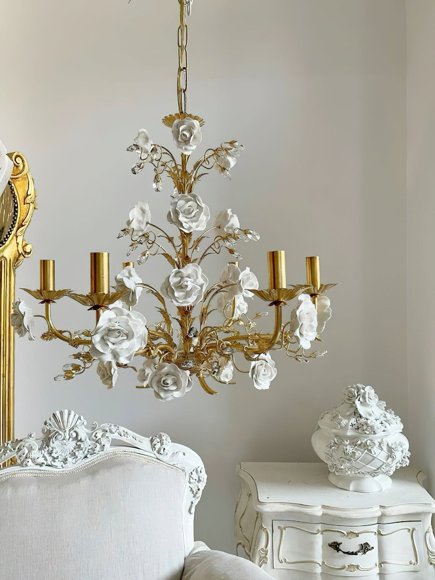 White Rose Crystal Chandelier - Luxury Ceramic Flower & Gold Leaf Hanging Light | 6 or 8-Light French Country Pendant | E12 E14