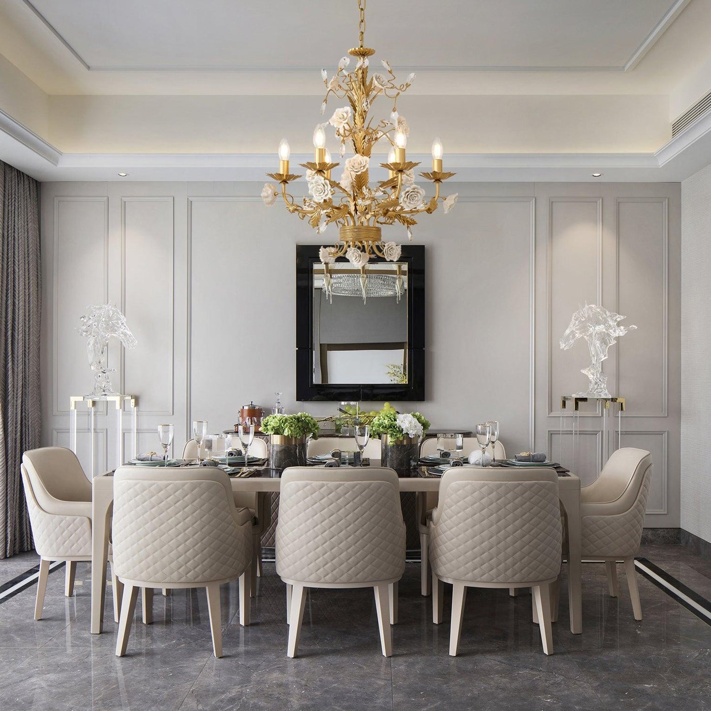 White Rose Crystal Chandelier - Luxury Ceramic Flower & Gold Leaf Hanging Light | 6 or 8-Light French Country Pendant | E12 E14