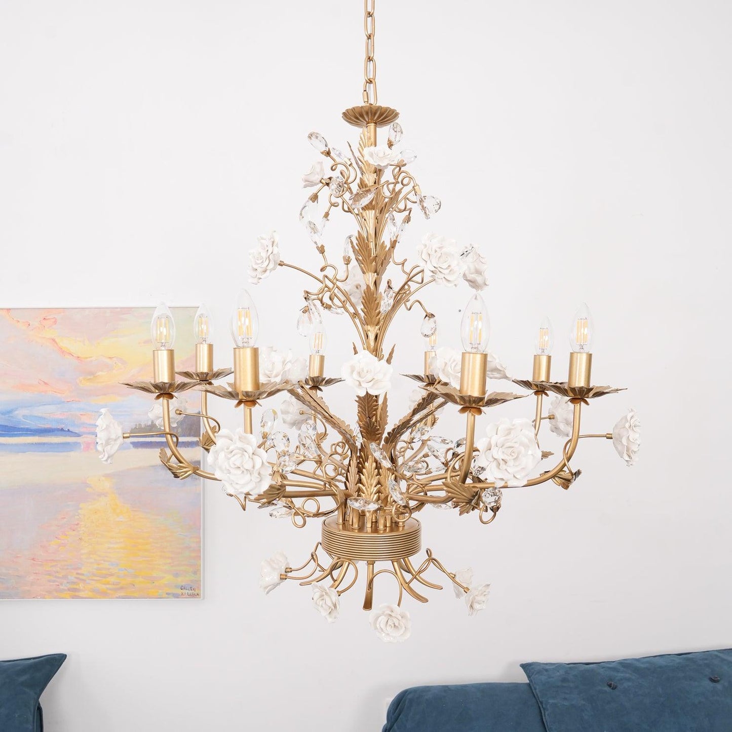 White Rose Crystal Chandelier - Luxury Ceramic Flower & Gold Leaf Hanging Light | 6 or 8-Light French Country Pendant | E12 E14