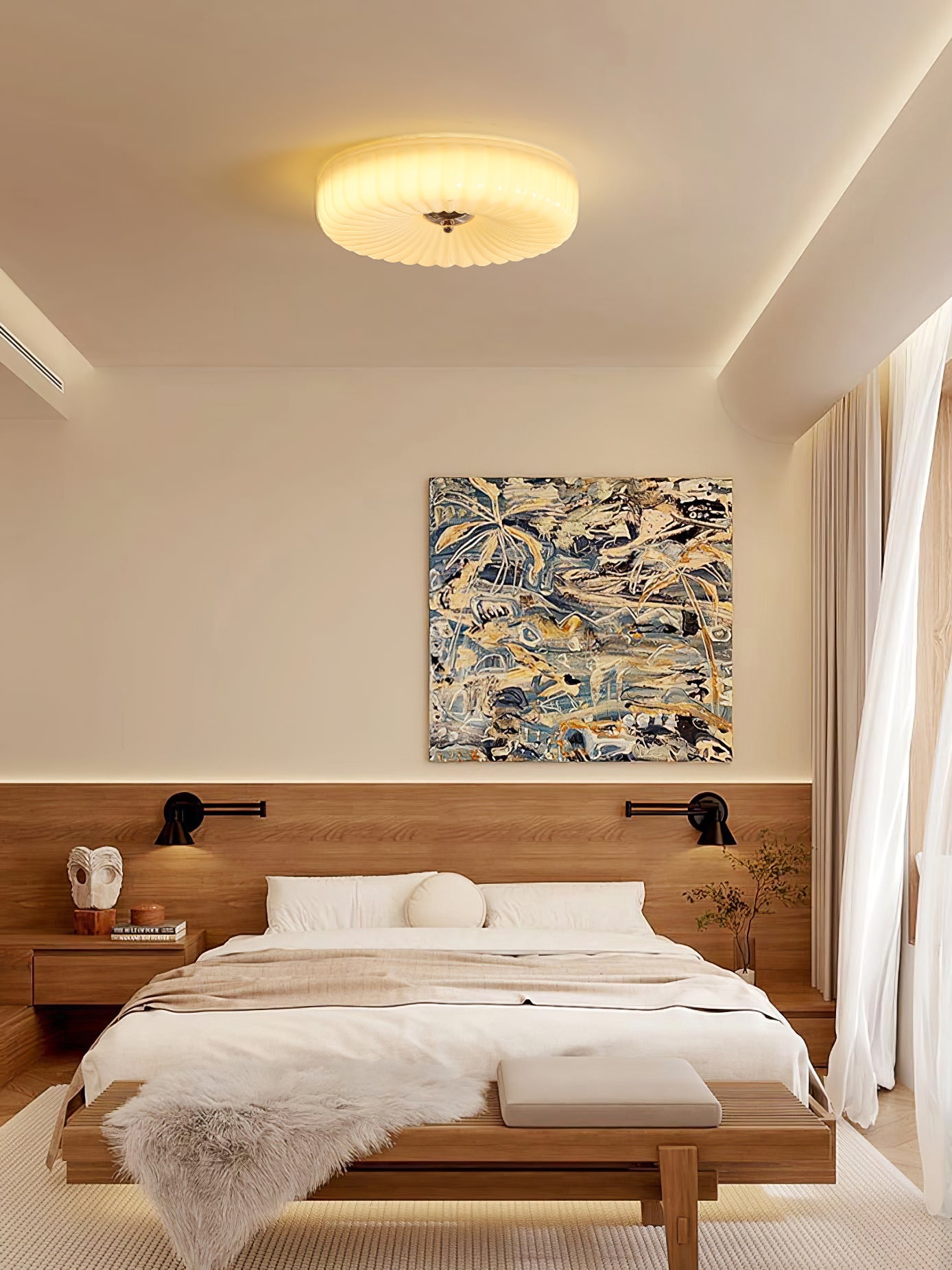 Willa Glass Flush Mount Ceiling Light - Modern Wave-Shaped LED Lamp | Luxury Chrome Bedroom Light | 24W/36W Low Profile Fixture