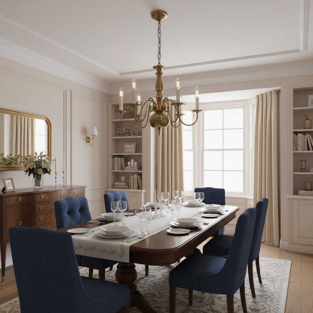 Williamsburg Luxury Brass Chandelier - Classic 5-Light Colonial Hanging Pendant | Traditional Multi-Arm Island Lamp | E14 Base