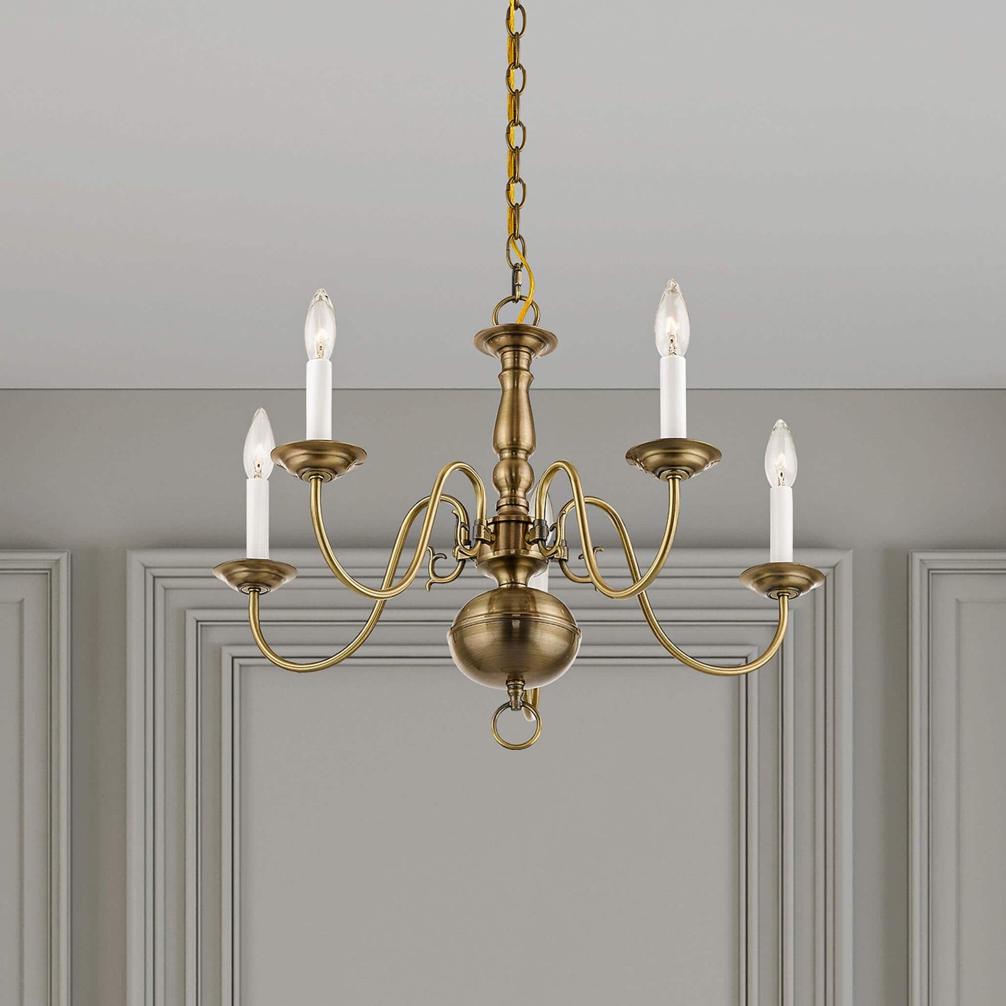 Williamsburg Luxury Brass Chandelier - Classic 5-Light Colonial Hanging Pendant | Traditional Multi-Arm Island Lamp | E14 Base