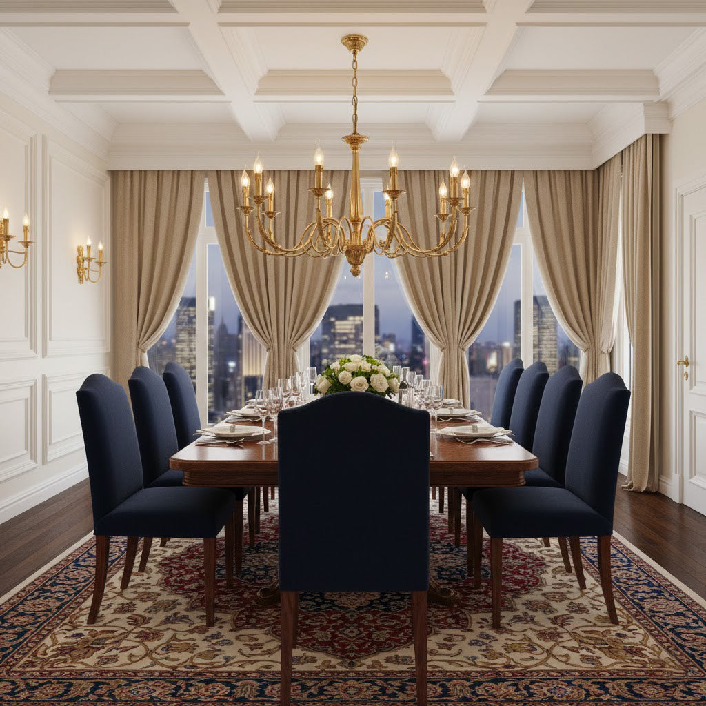 Winchester Luxury Brass Chandelier - Classic Candle Effect Hanging Light | 3, 6, 8, or 10-Head Grand Dining Pendant | E12 E14