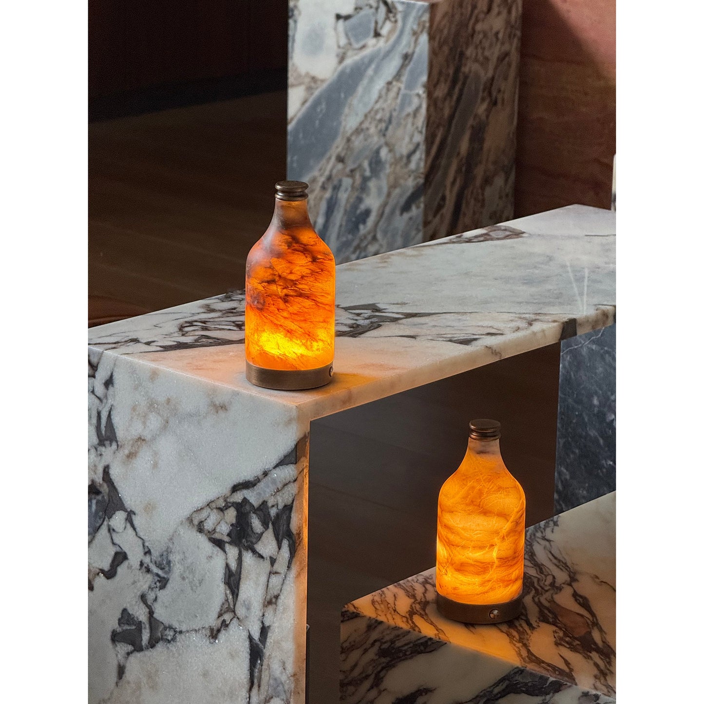 Wine Bottle Alabaster Table Lamp - Rechargeable Cordless LED Light | Luxury Natural Stone Bedside Lamp | USB Charging Base