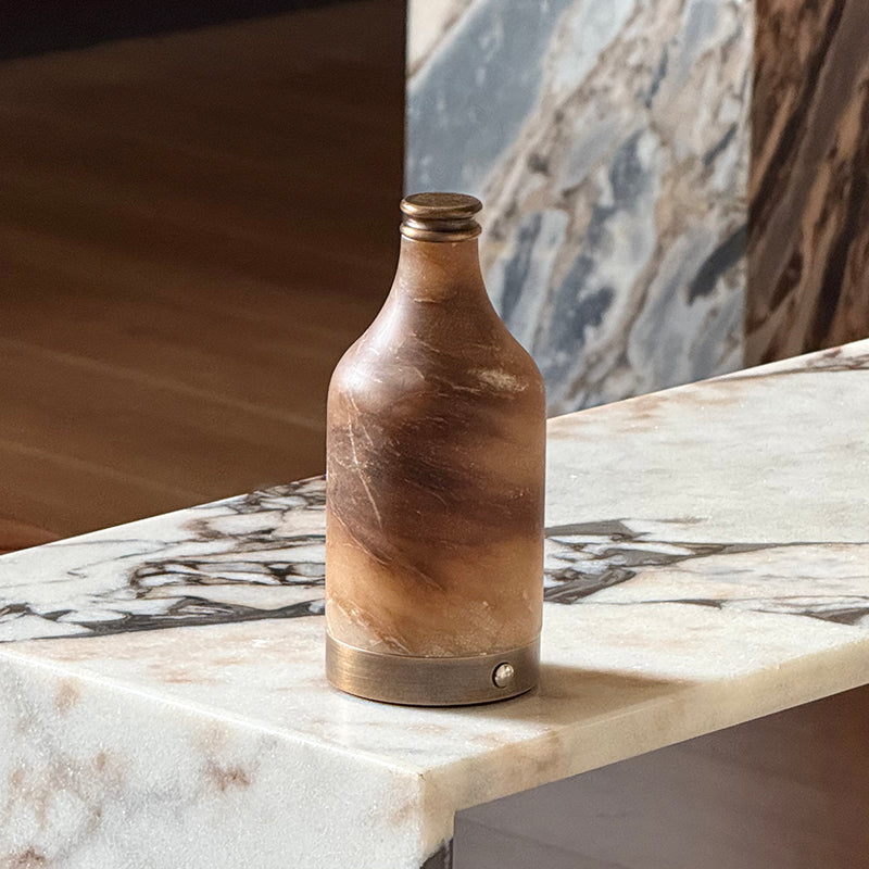 Wine Bottle Alabaster Table Lamp - Rechargeable Cordless LED Light | Luxury Natural Stone Bedside Lamp | USB Charging Base