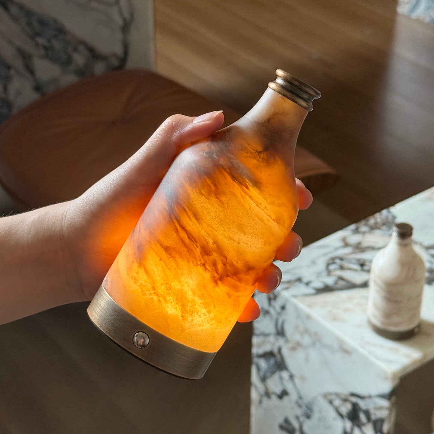Wine Bottle Alabaster Table Lamp - Rechargeable Cordless LED Light | Luxury Natural Stone Bedside Lamp | USB Charging Base
