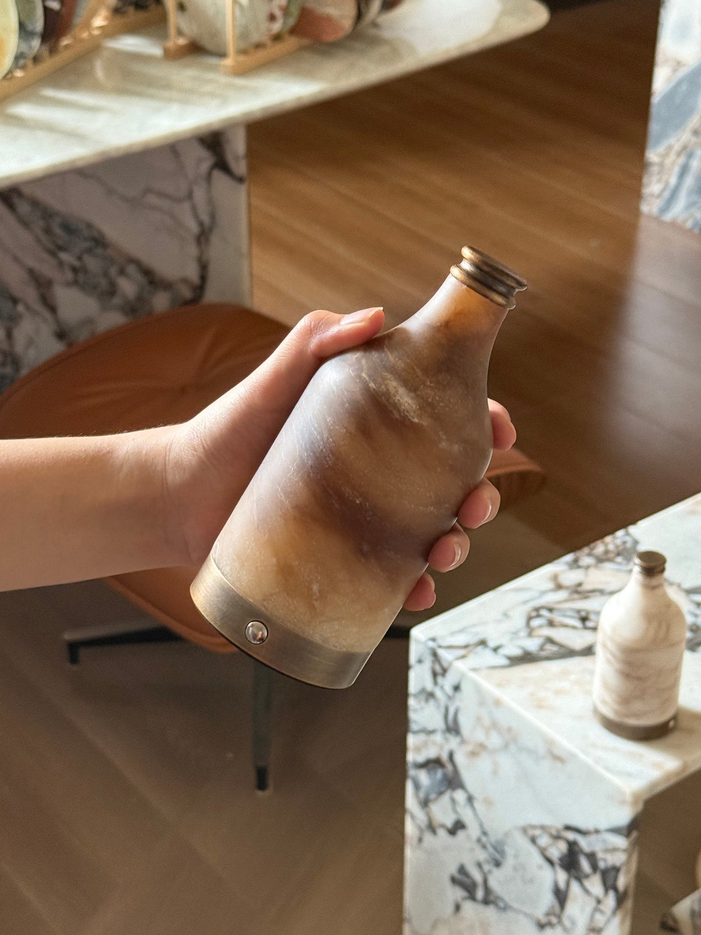 Wine Bottle Alabaster Table Lamp - Rechargeable Cordless LED Light | Luxury Natural Stone Bedside Lamp | USB Charging Base