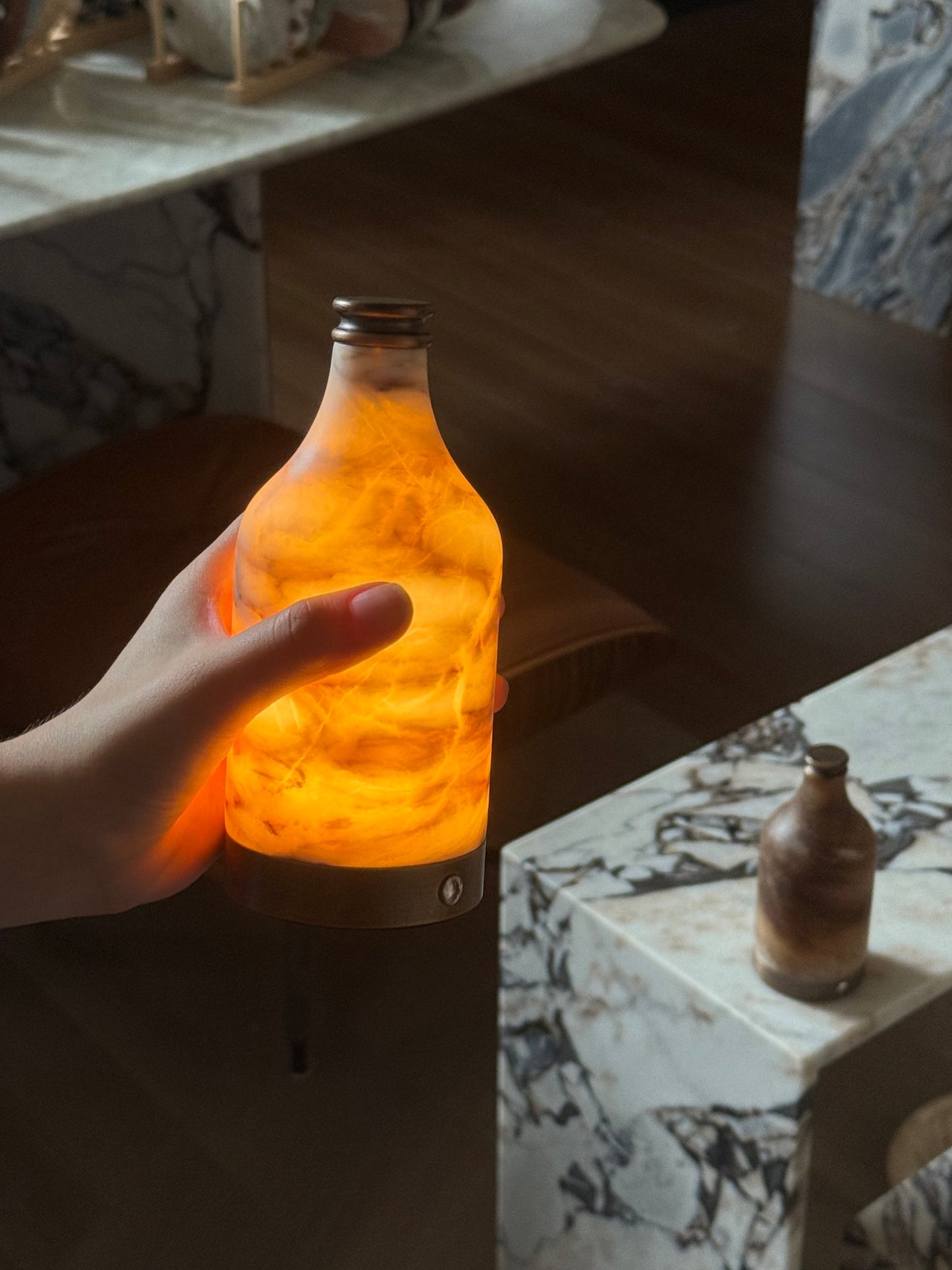 Wine Bottle Alabaster Table Lamp - Rechargeable Cordless LED Light | Luxury Natural Stone Bedside Lamp | USB Charging Base