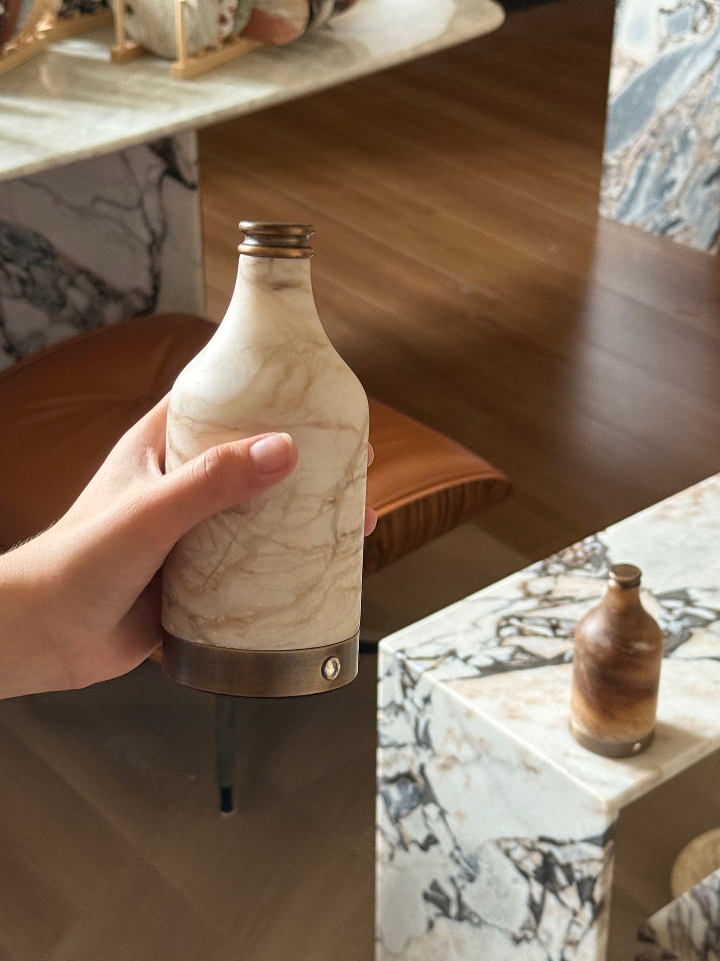 Wine Bottle Alabaster Table Lamp - Rechargeable Cordless LED Light | Luxury Natural Stone Bedside Lamp | USB Charging Base