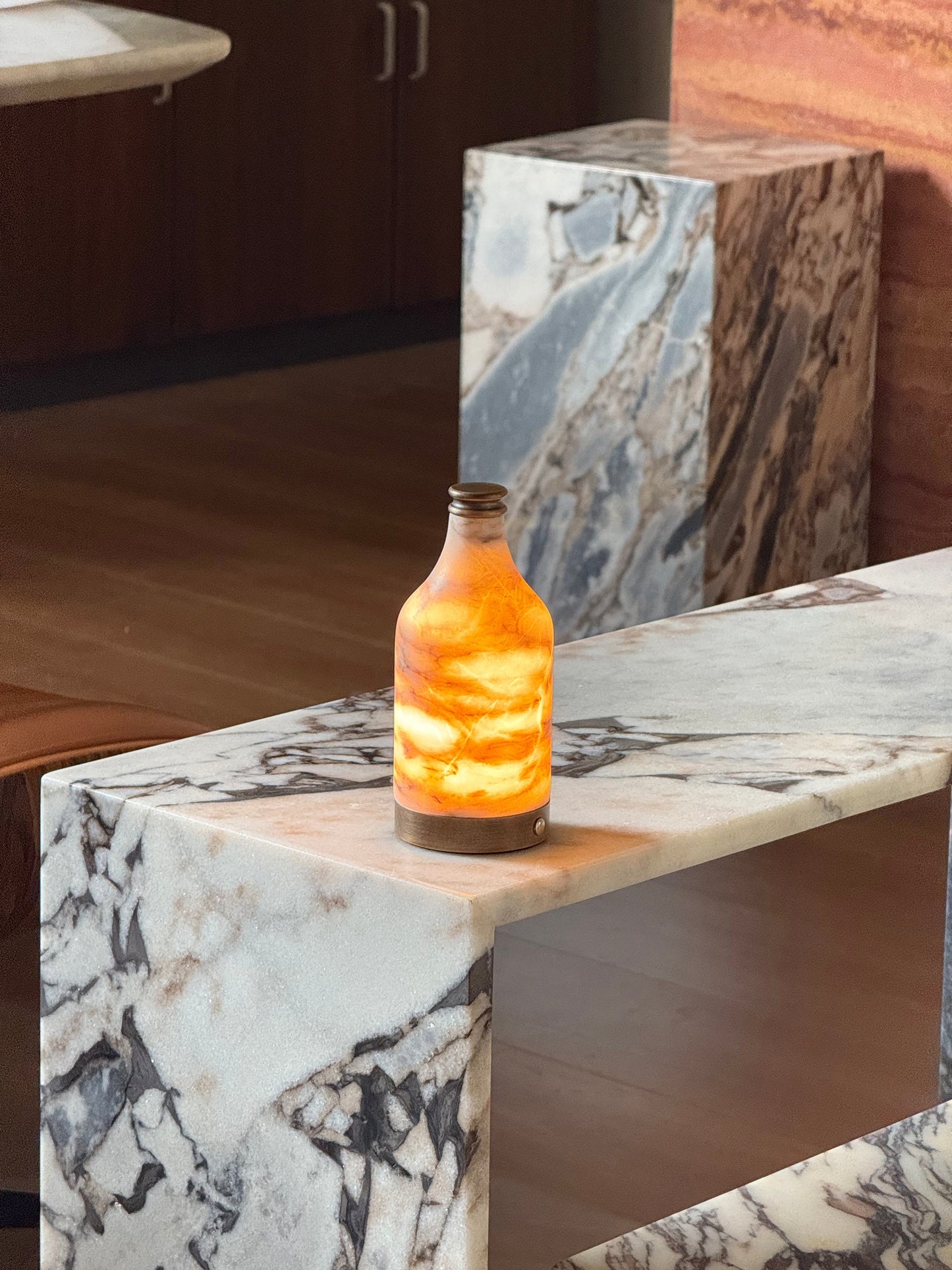 Wine Bottle Alabaster Table Lamp - Rechargeable Cordless LED Light | Luxury Natural Stone Bedside Lamp | USB Charging Base