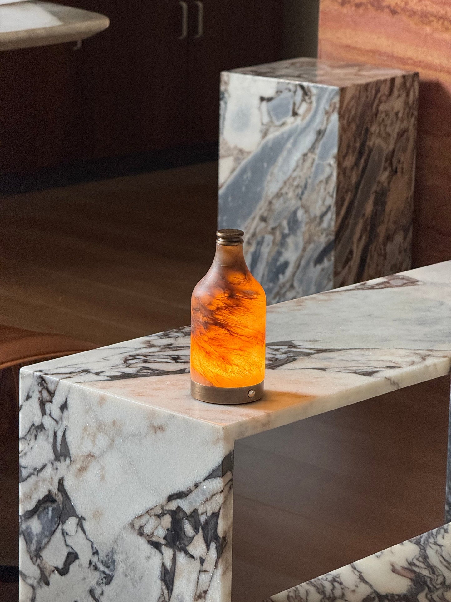 Wine Bottle Alabaster Table Lamp - Rechargeable Cordless LED Light | Luxury Natural Stone Bedside Lamp | USB Charging Base