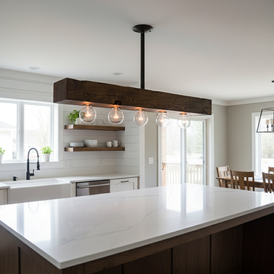 Wood-beam Island Chandelier - Rustic Farmhouse Solid Wood Linear Pendant | Industrial 4 or 5 Light Kitchen Island Chandelier