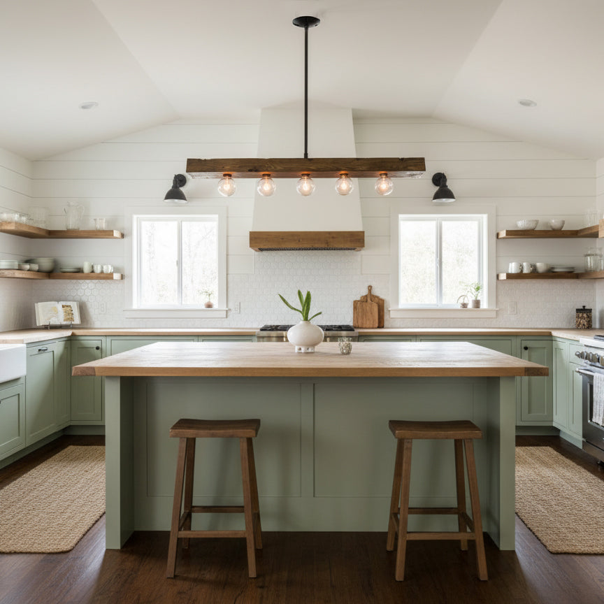 Wood-beam Island Chandelier - Rustic Farmhouse Solid Wood Linear Pendant | Industrial 4 or 5 Light Kitchen Island Chandelier