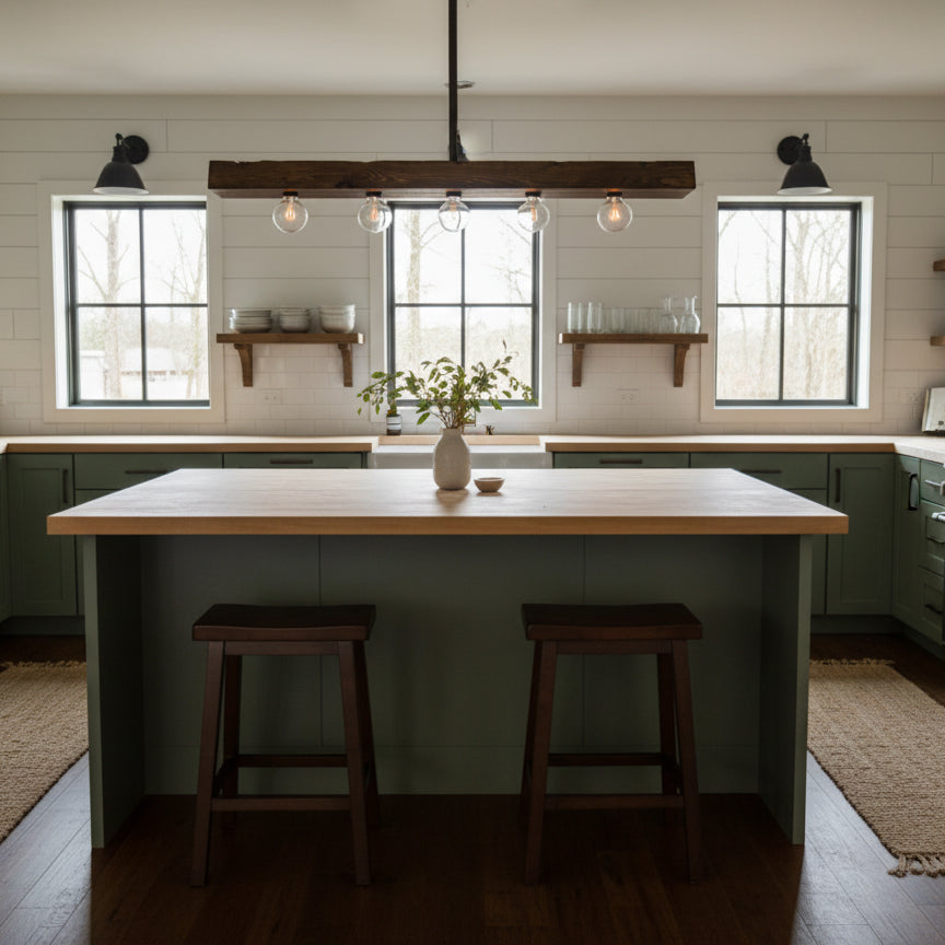 Wood-beam Island Chandelier - Rustic Farmhouse Solid Wood Linear Pendant | Industrial 4 or 5 Light Kitchen Island Chandelier