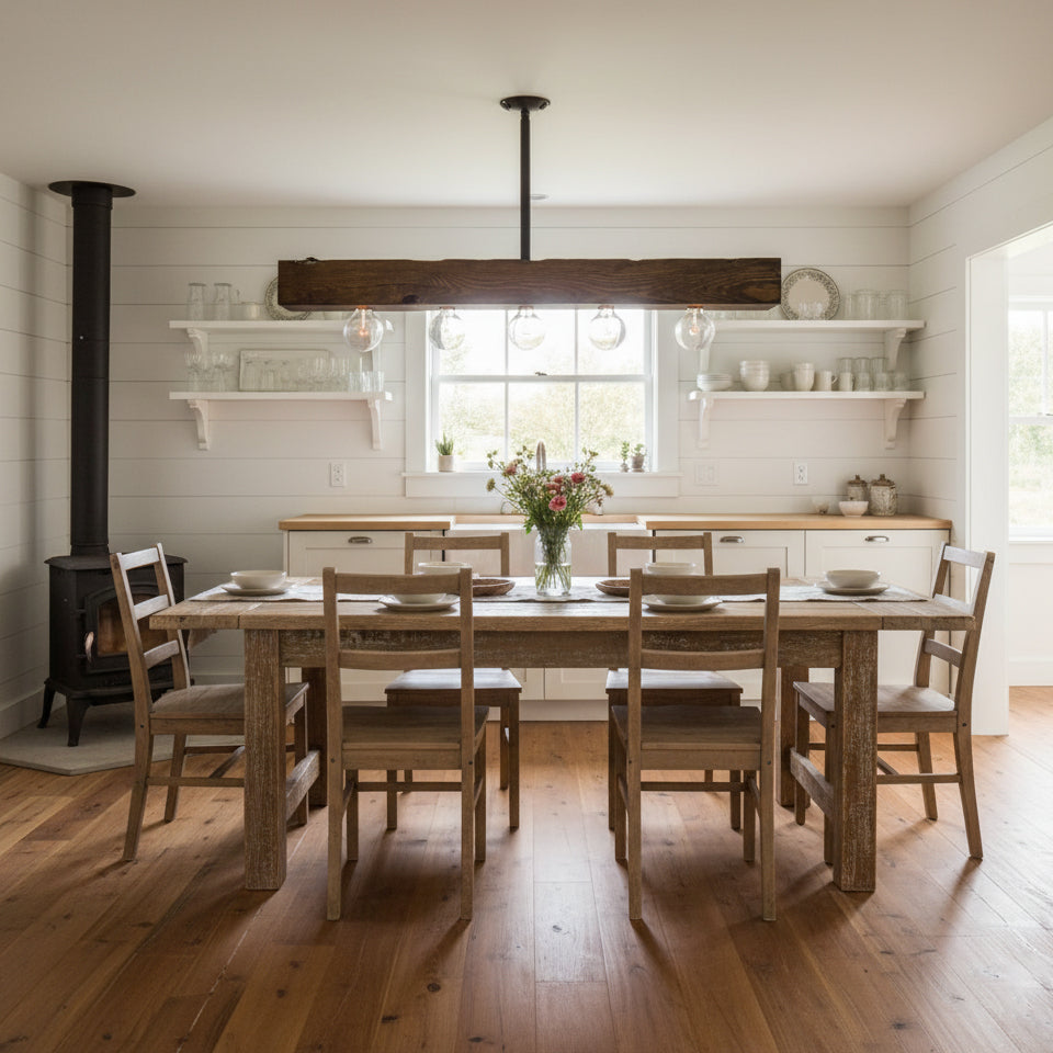 Wood-beam Island Chandelier - Rustic Farmhouse Solid Wood Linear Pendant | Industrial 4 or 5 Light Kitchen Island Chandelier