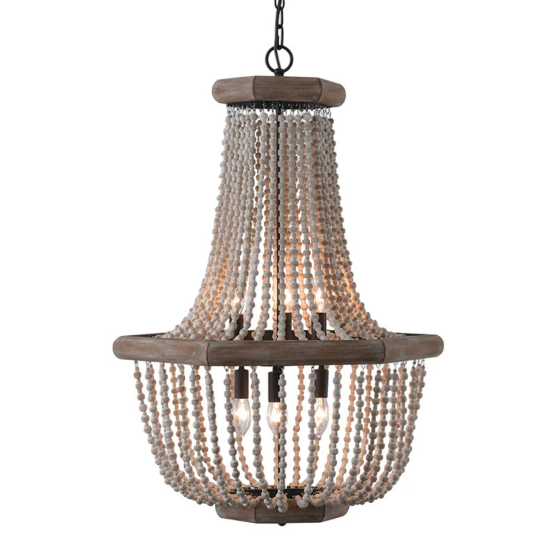 Regas Chandelier - Distressed Wooden Bead Tiered Light