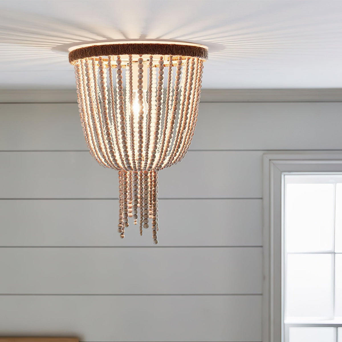 Angie Beaded Ceiling Lamp – Hemp-Wrapped Frame & Wooden Bead Flush Mount Pendant