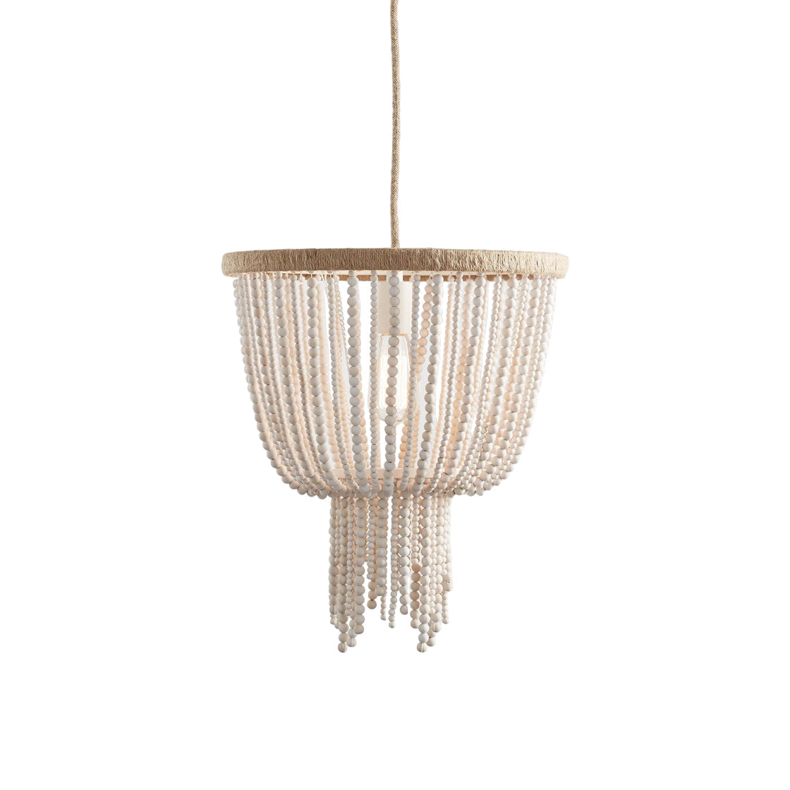 Angie Beaded Chandelier – Cascading Wooden Bead & Hemp-Wrapped Metal Pendant