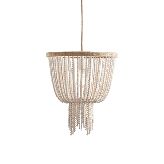 Angie Beaded Chandelier – Cascading Wooden Bead & Hemp-Wrapped Metal Pendant