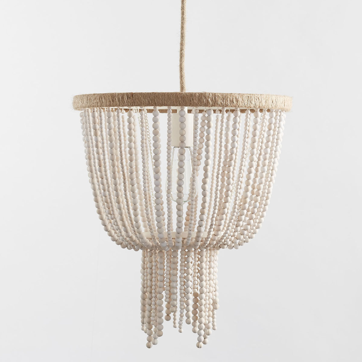 Angie Beaded Chandelier – Cascading Wooden Bead & Hemp-Wrapped Metal Pendant