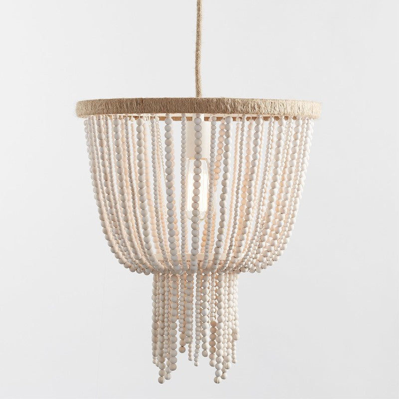 Angie Beaded Chandelier – Cascading Wooden Bead & Hemp-Wrapped Metal Pendant
