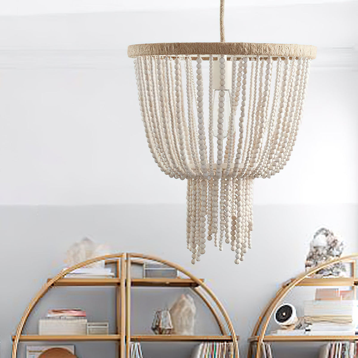 Angie Beaded Chandelier – Cascading Wooden Bead & Hemp-Wrapped Metal Pendant