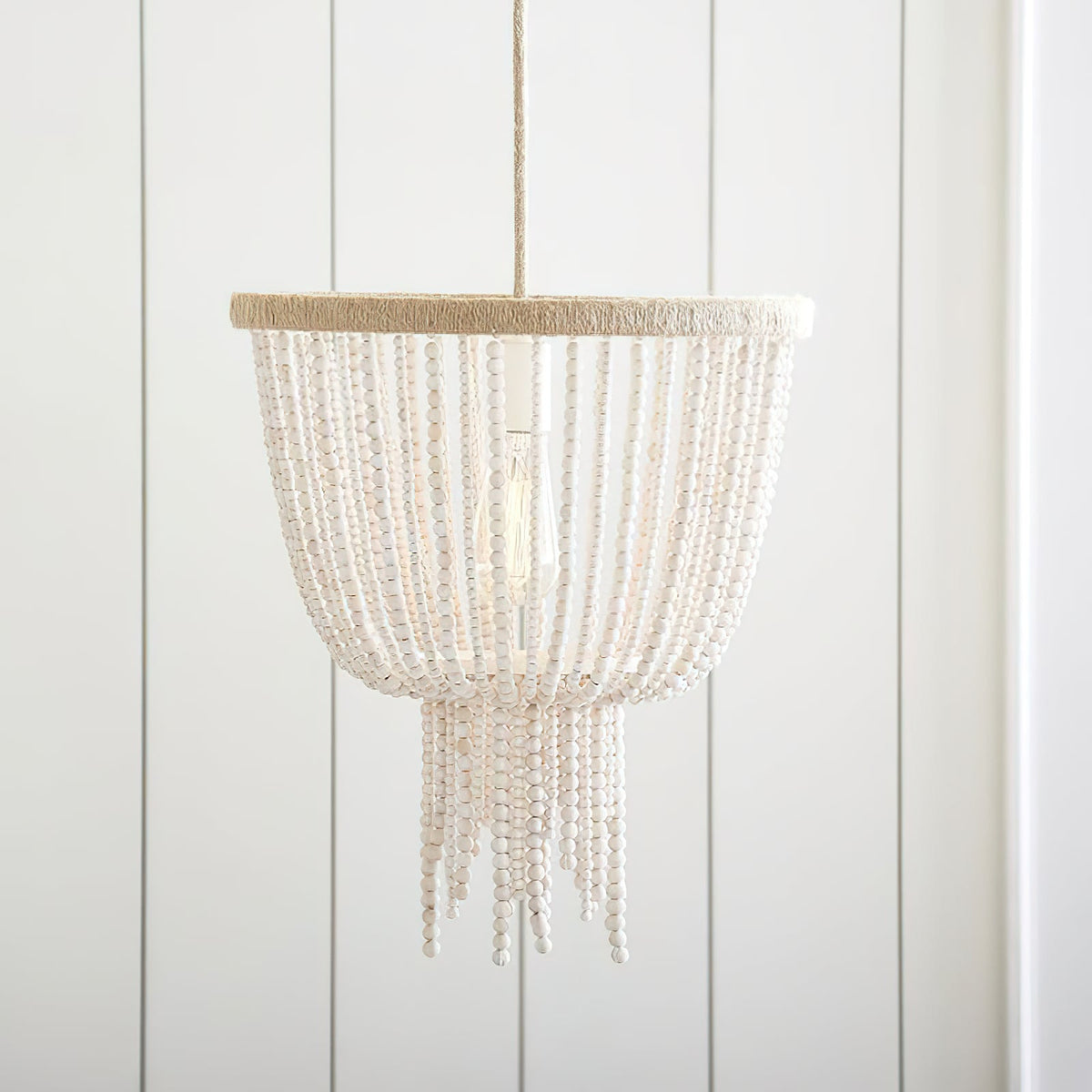 Angie Beaded Chandelier – Cascading Wooden Bead & Hemp-Wrapped Metal Pendant