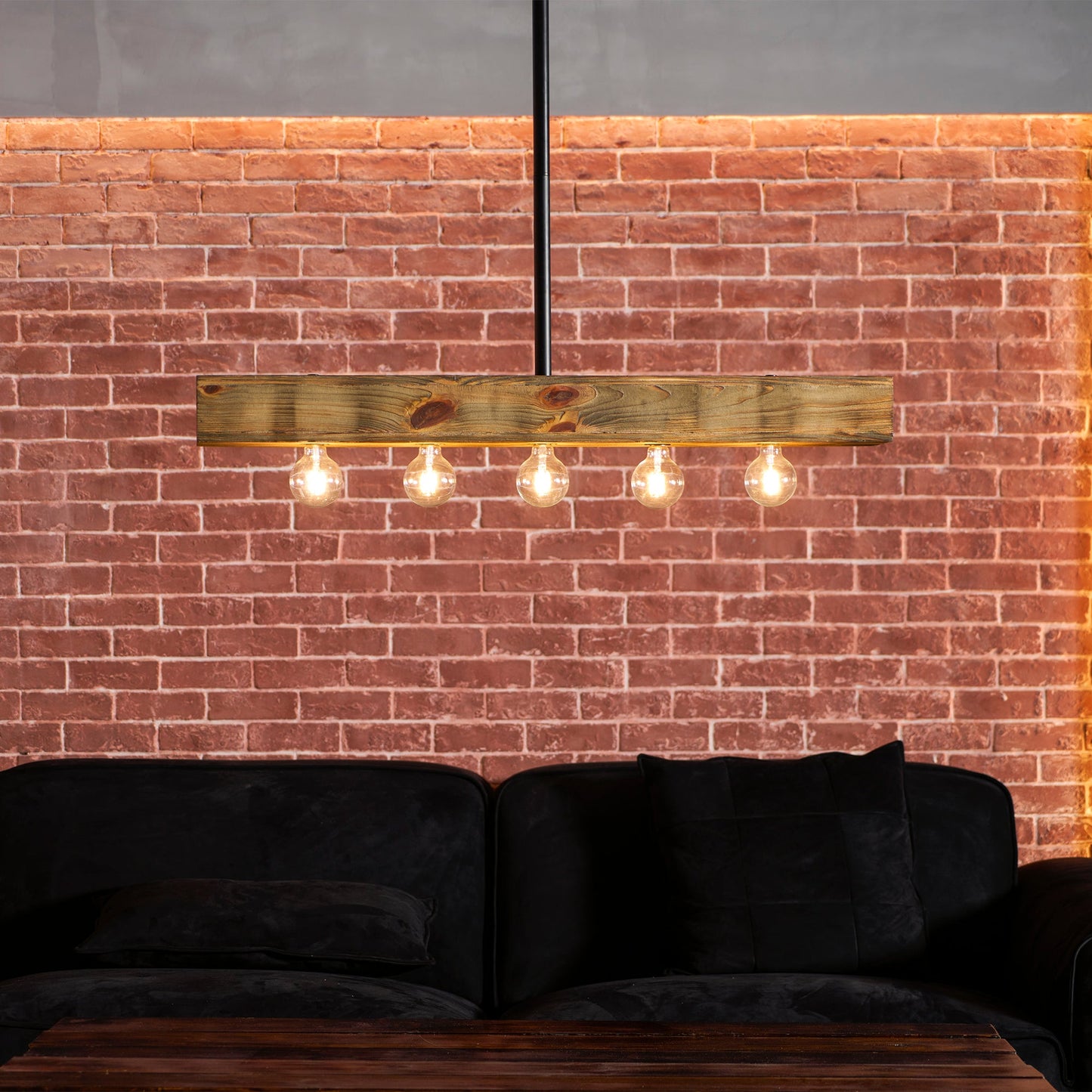 Wood-beam Island Chandelier - Rustic Farmhouse Solid Wood Linear Pendant | Industrial 4 or 5 Light Kitchen Island Chandelier
