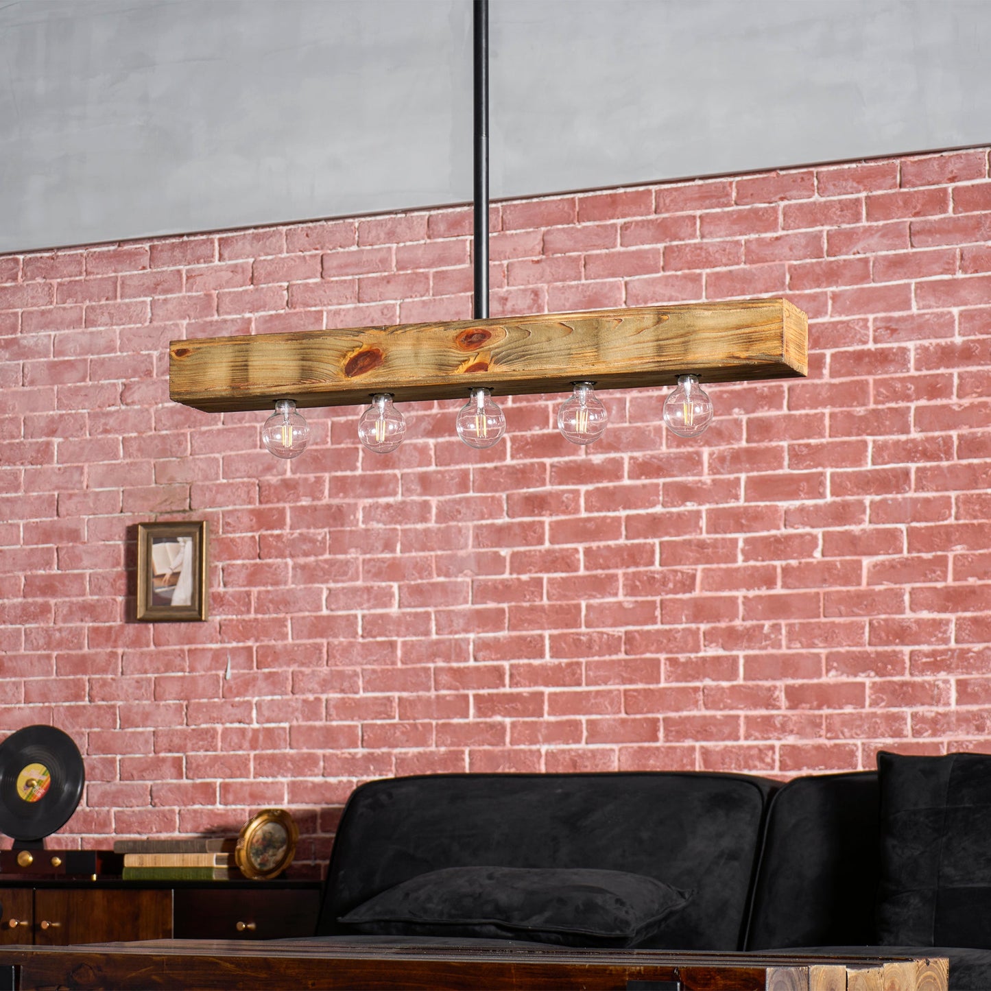 Wood-beam Island Chandelier - Rustic Farmhouse Solid Wood Linear Pendant | Industrial 4 or 5 Light Kitchen Island Chandelier