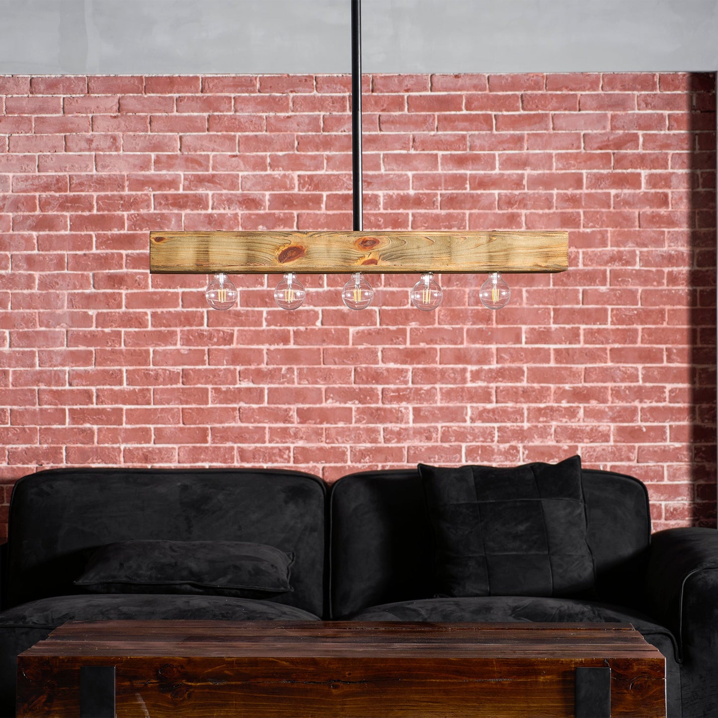 Wood-beam Island Chandelier - Rustic Farmhouse Solid Wood Linear Pendant | Industrial 4 or 5 Light Kitchen Island Chandelier