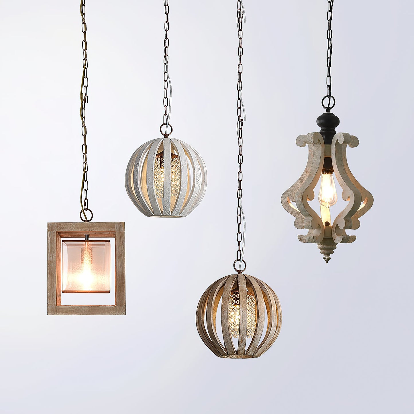 Wooden Globe Pendant Lamp - Artisanal Wood & Metal Orb Light | Rustic Contemporary Globe Chandelier