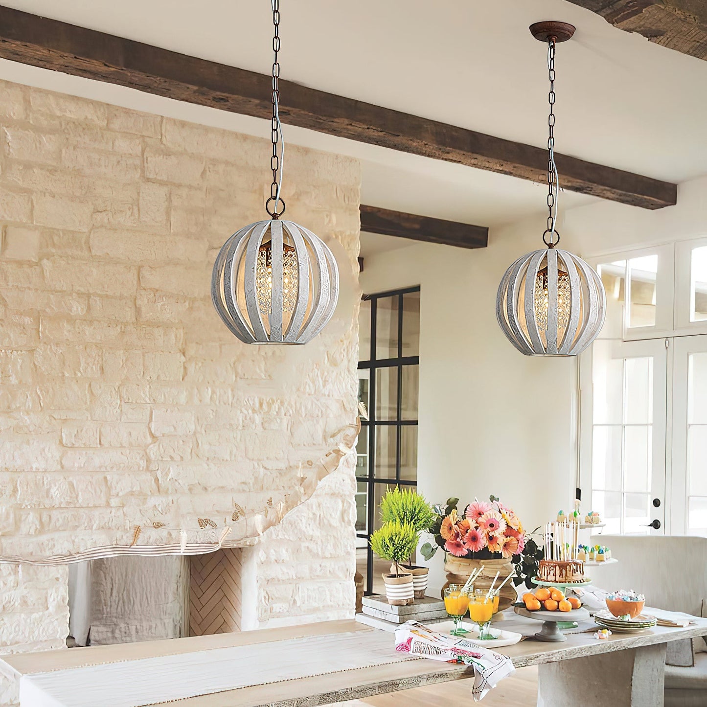 Wooden Globe Pendant Lamp - Artisanal Wood & Metal Orb Light | Rustic Contemporary Globe Chandelier