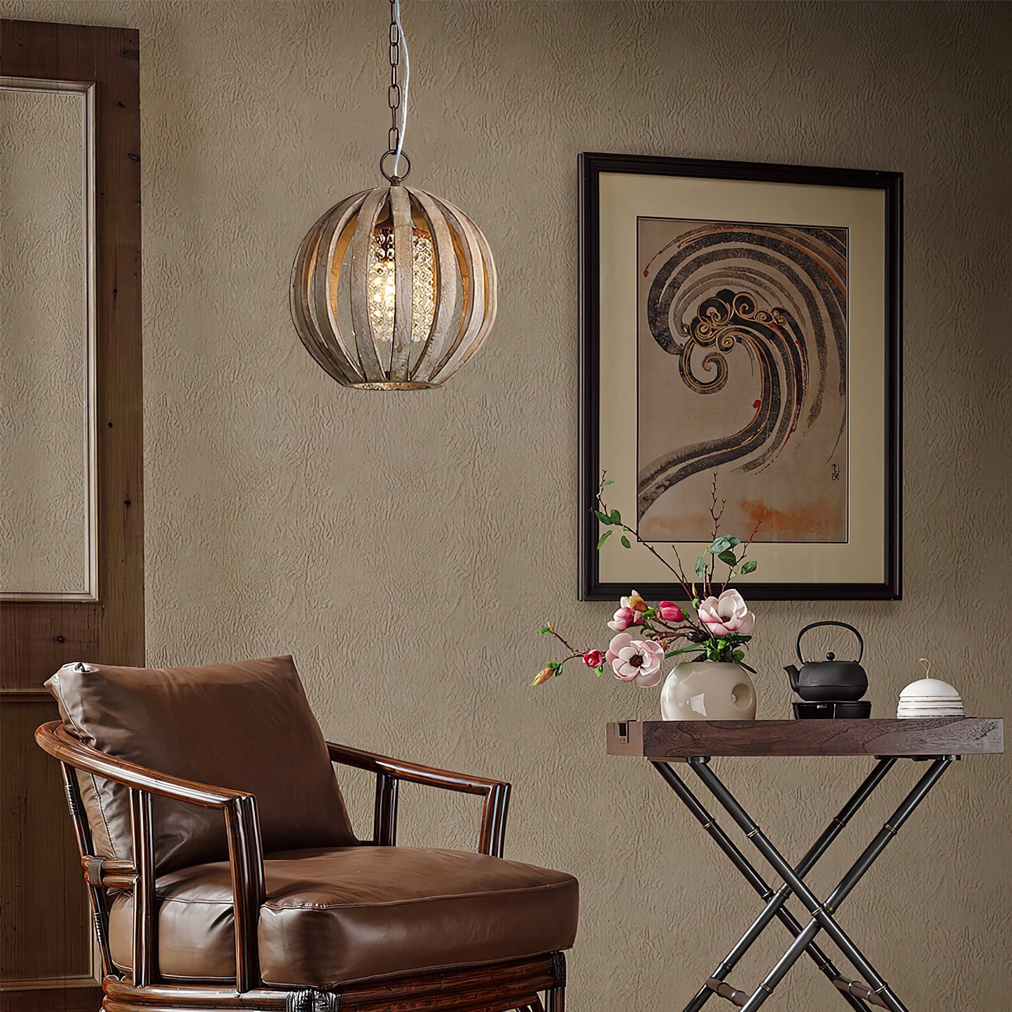 Wooden Globe Pendant Lamp - Artisanal Wood & Metal Orb Light | Rustic Contemporary Globe Chandelier