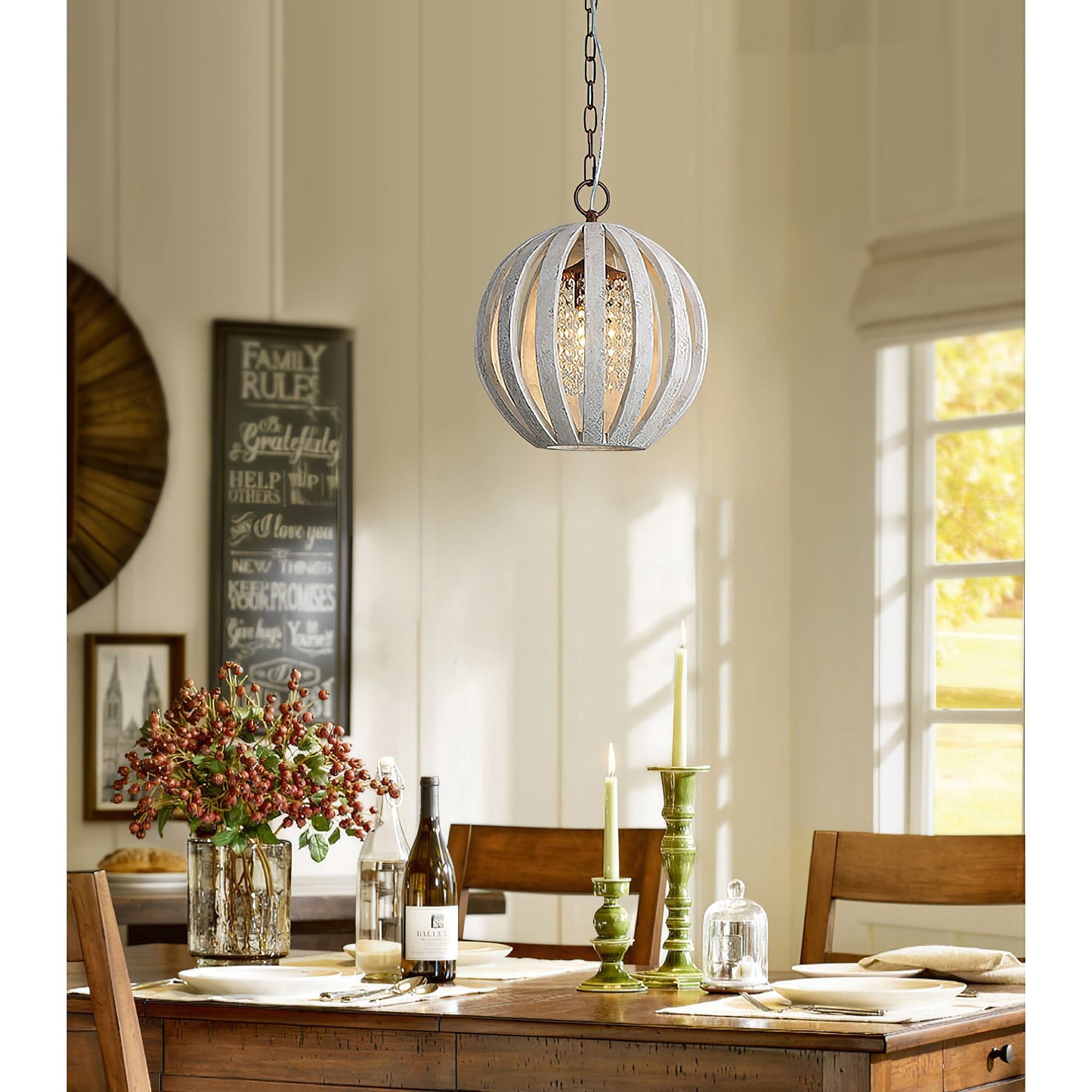 Wooden Globe Pendant Lamp - Artisanal Wood & Metal Orb Light | Rustic Contemporary Globe Chandelier