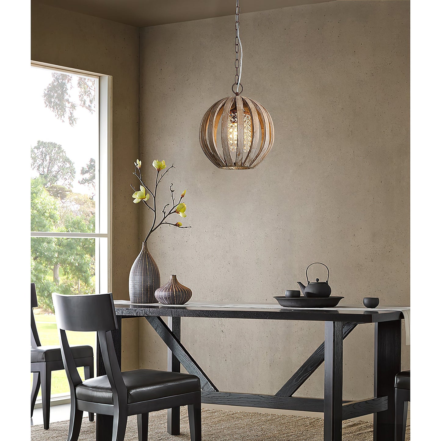 Wooden Globe Pendant Lamp - Artisanal Wood & Metal Orb Light | Rustic Contemporary Globe Chandelier