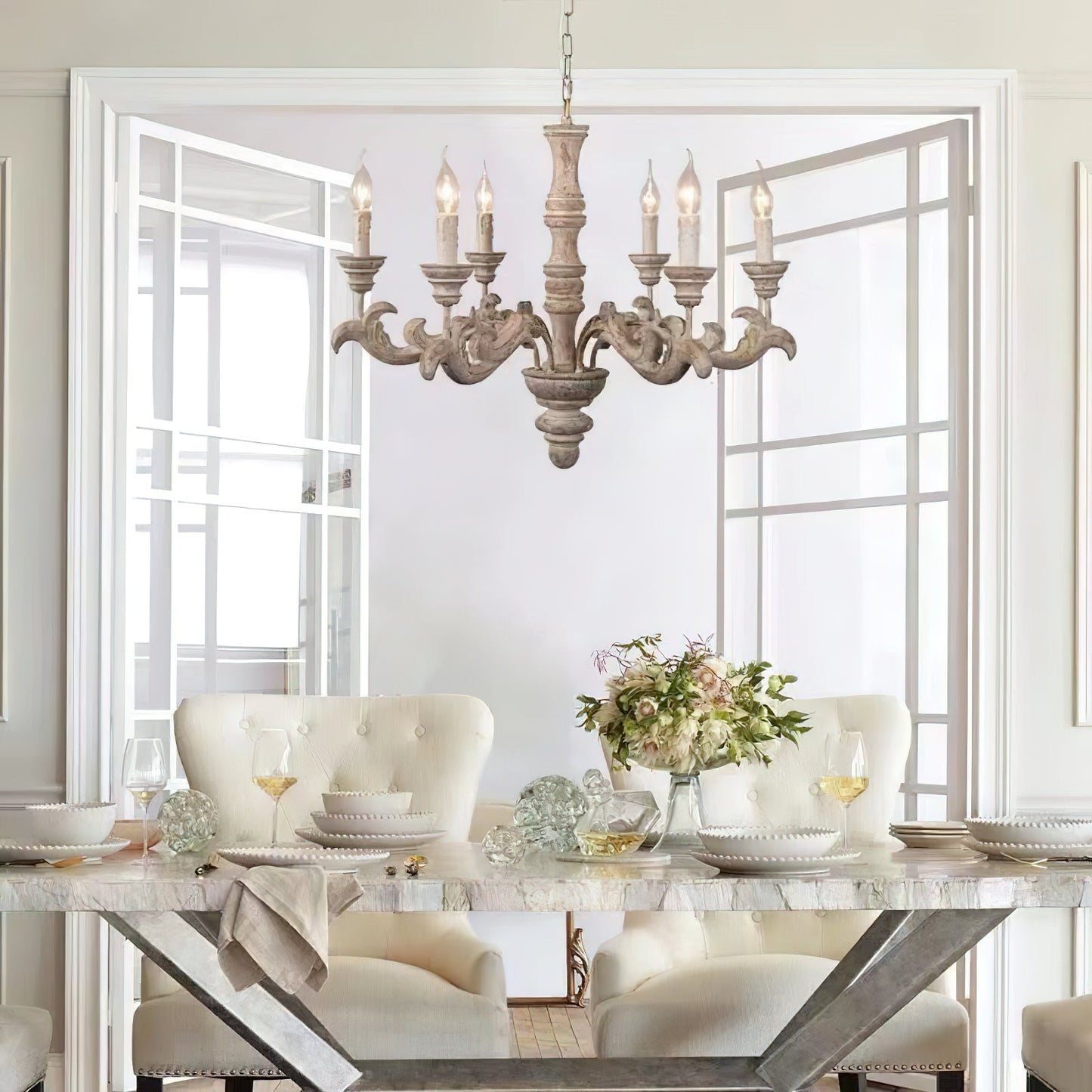 Wooden Roman Column Chandelier - French Country Solid Wood Chandelier | 6 or 8 Light American Retro Sconce