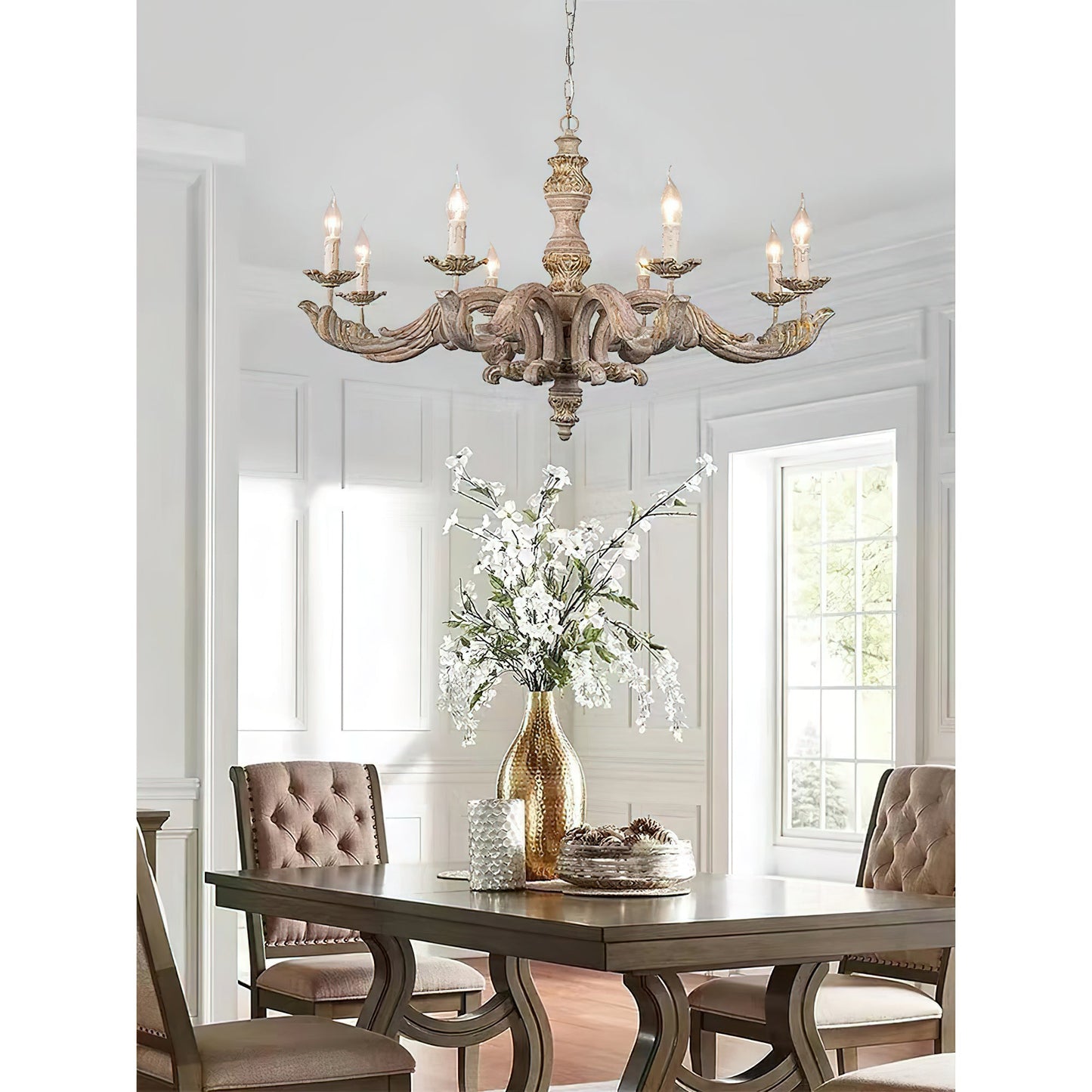 Wooden Roman Column Chandelier - French Country Solid Wood Chandelier | 6 or 8 Light American Retro Sconce
