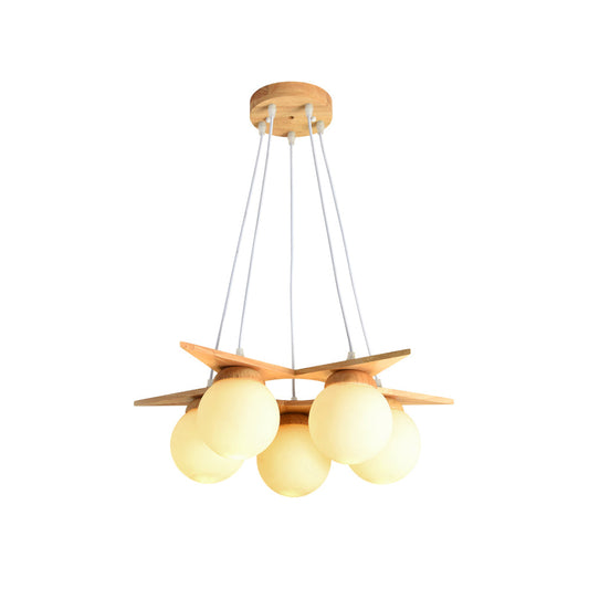Wooden Star With Glass Chandelier - Elegant Mid-Century Modern Pendant | Floating Pearl Wood & Glass Chandelier