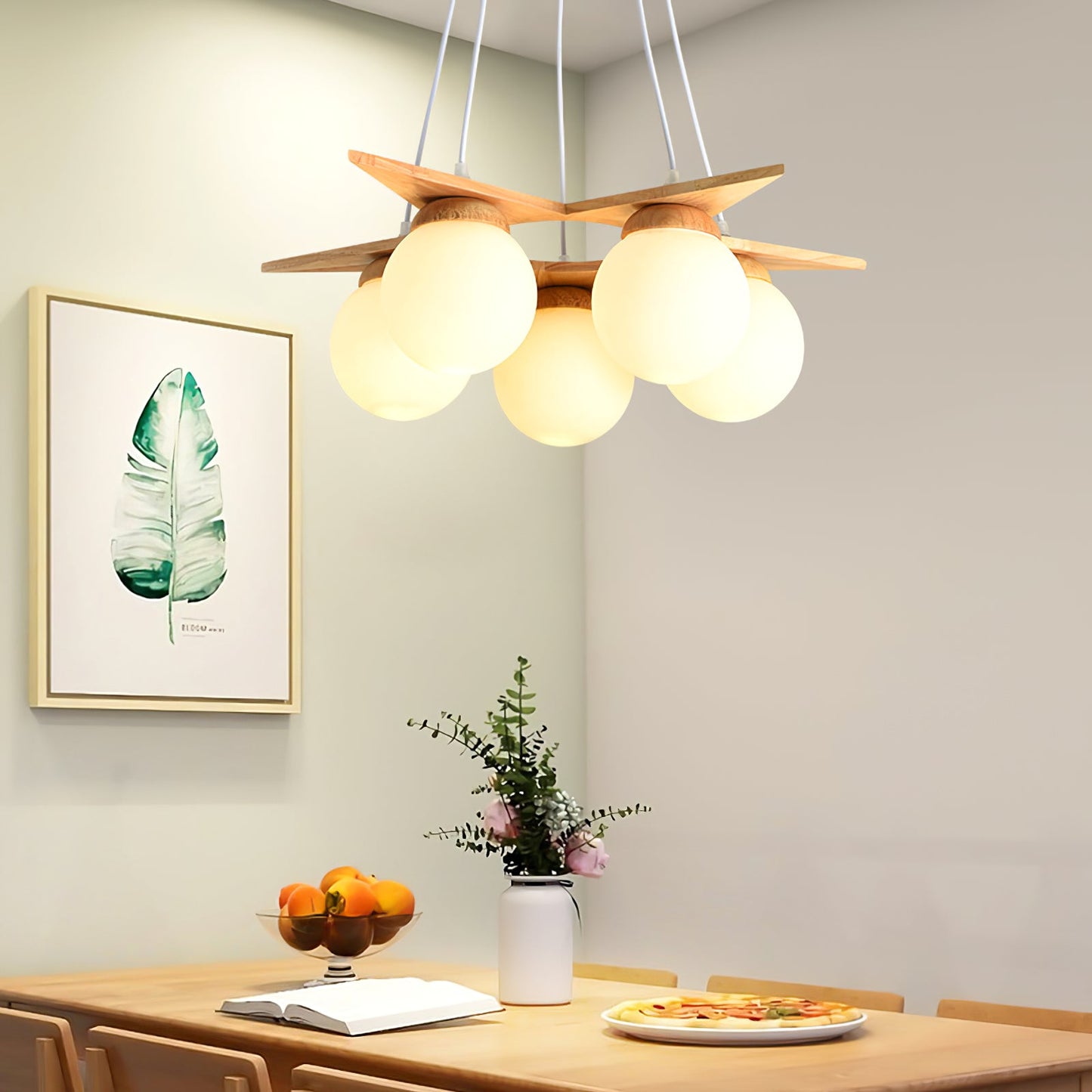 Wooden Star With Glass Chandelier - Elegant Mid-Century Modern Pendant | Floating Pearl Wood & Glass Chandelier