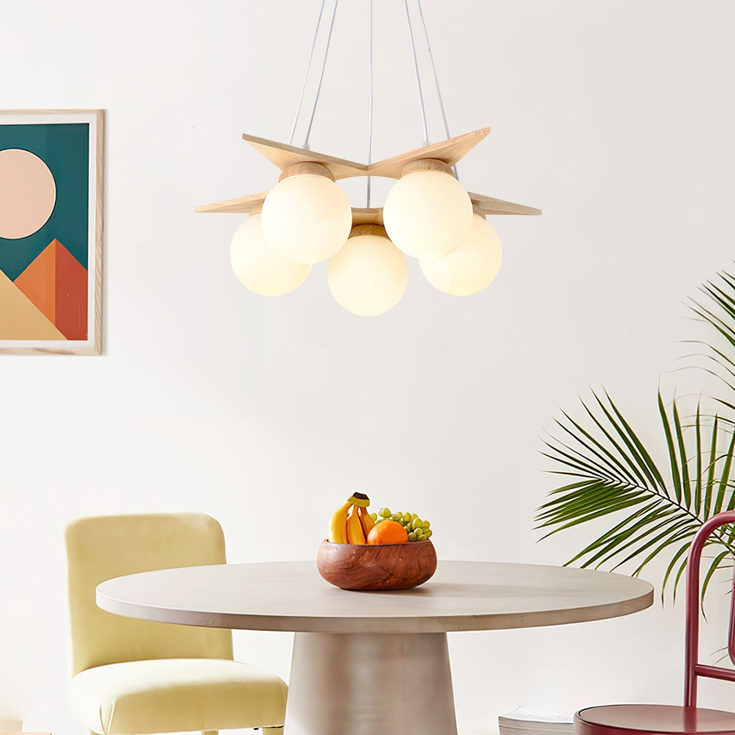 Wooden Star With Glass Chandelier - Elegant Mid-Century Modern Pendant | Floating Pearl Wood & Glass Chandelier