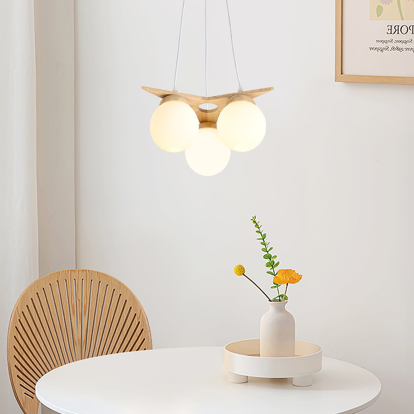 Wooden Star With Glass Chandelier - Elegant Mid-Century Modern Pendant | Floating Pearl Wood & Glass Chandelier