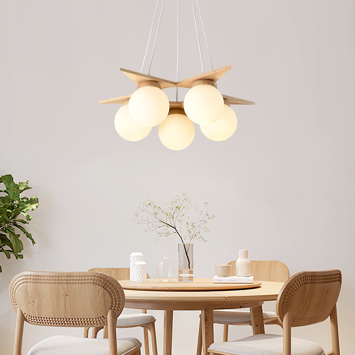 Wooden Star With Glass Chandelier - Elegant Mid-Century Modern Pendant | Floating Pearl Wood & Glass Chandelier