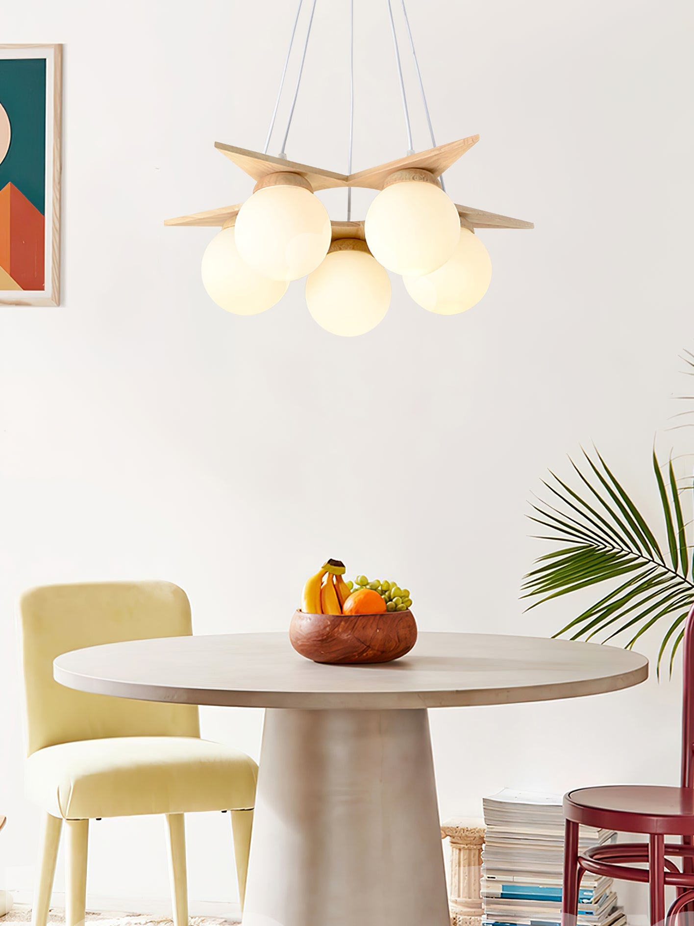 Wooden Star With Glass Chandelier - Elegant Mid-Century Modern Pendant | Floating Pearl Wood & Glass Chandelier