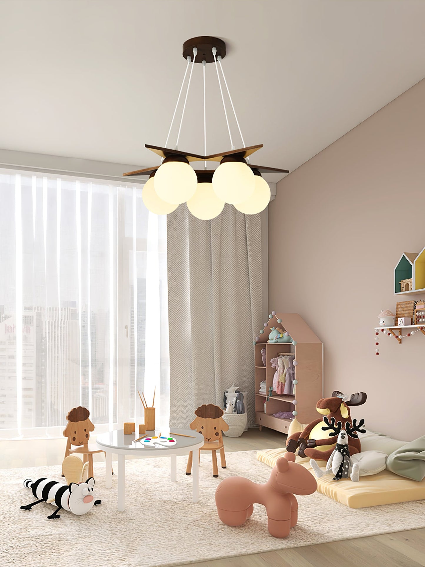 Wooden Star With Glass Chandelier - Elegant Mid-Century Modern Pendant | Floating Pearl Wood & Glass Chandelier