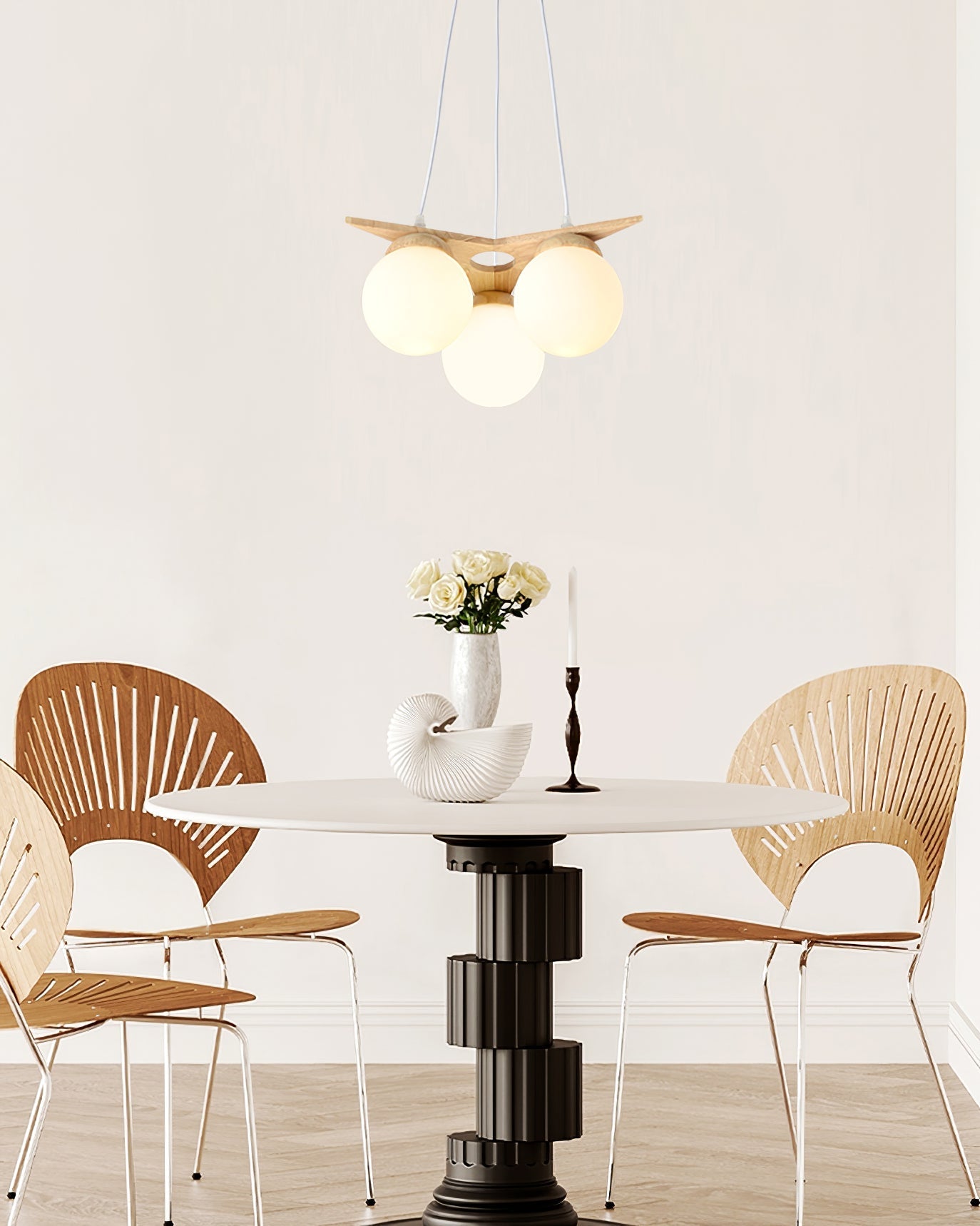 Wooden Star With Glass Chandelier - Elegant Mid-Century Modern Pendant | Floating Pearl Wood & Glass Chandelier