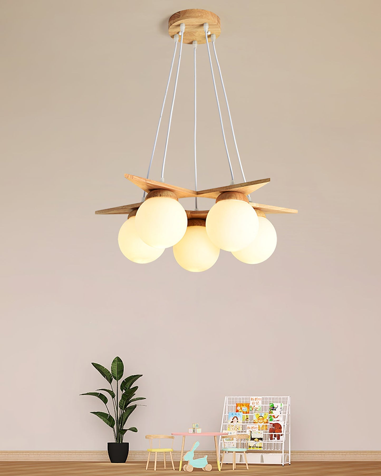 Wooden Star With Glass Chandelier - Elegant Mid-Century Modern Pendant | Floating Pearl Wood & Glass Chandelier