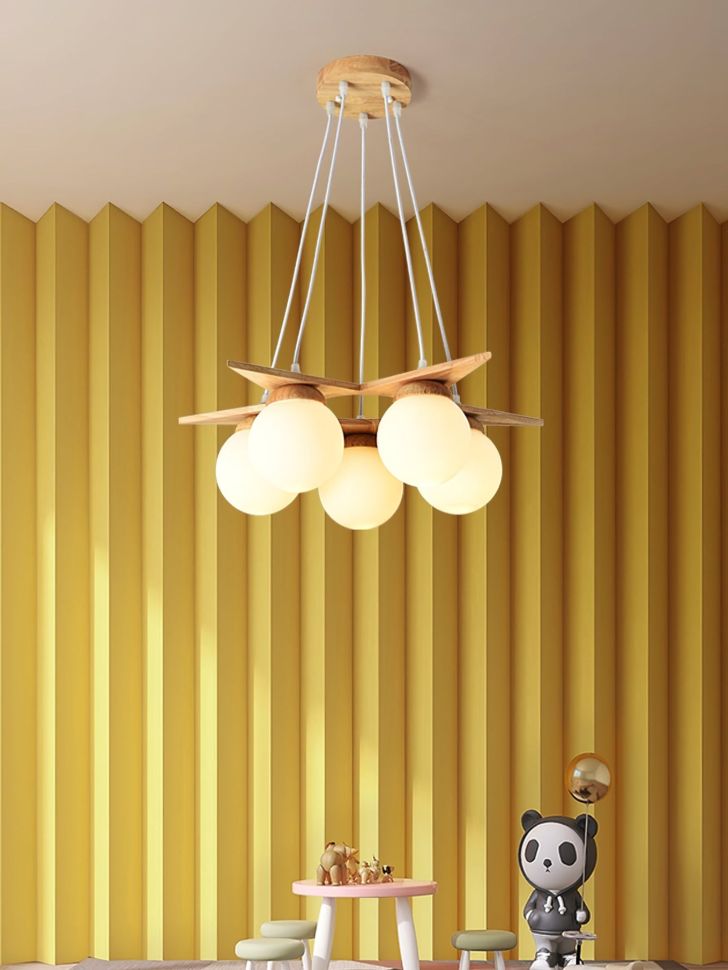 Wooden Star With Glass Chandelier - Elegant Mid-Century Modern Pendant | Floating Pearl Wood & Glass Chandelier