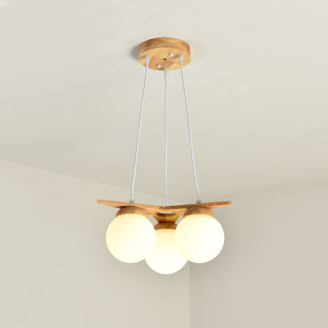Wooden Star With Glass Chandelier - Elegant Mid-Century Modern Pendant | Floating Pearl Wood & Glass Chandelier